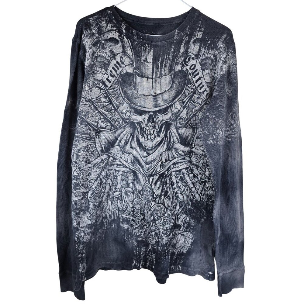 Y2K Xtreme Couture Long Sleeve Skull Graphic Thermal Shirt Black White L‎